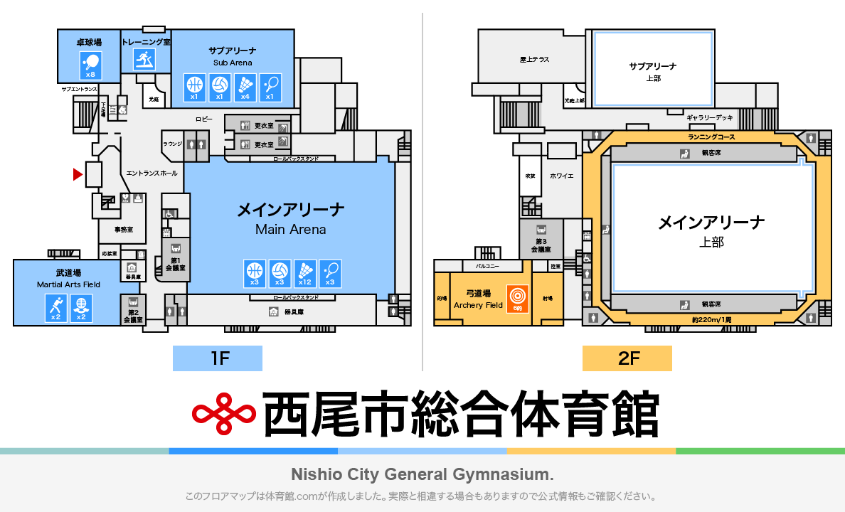 西尾市総合体育館のフロアマップ