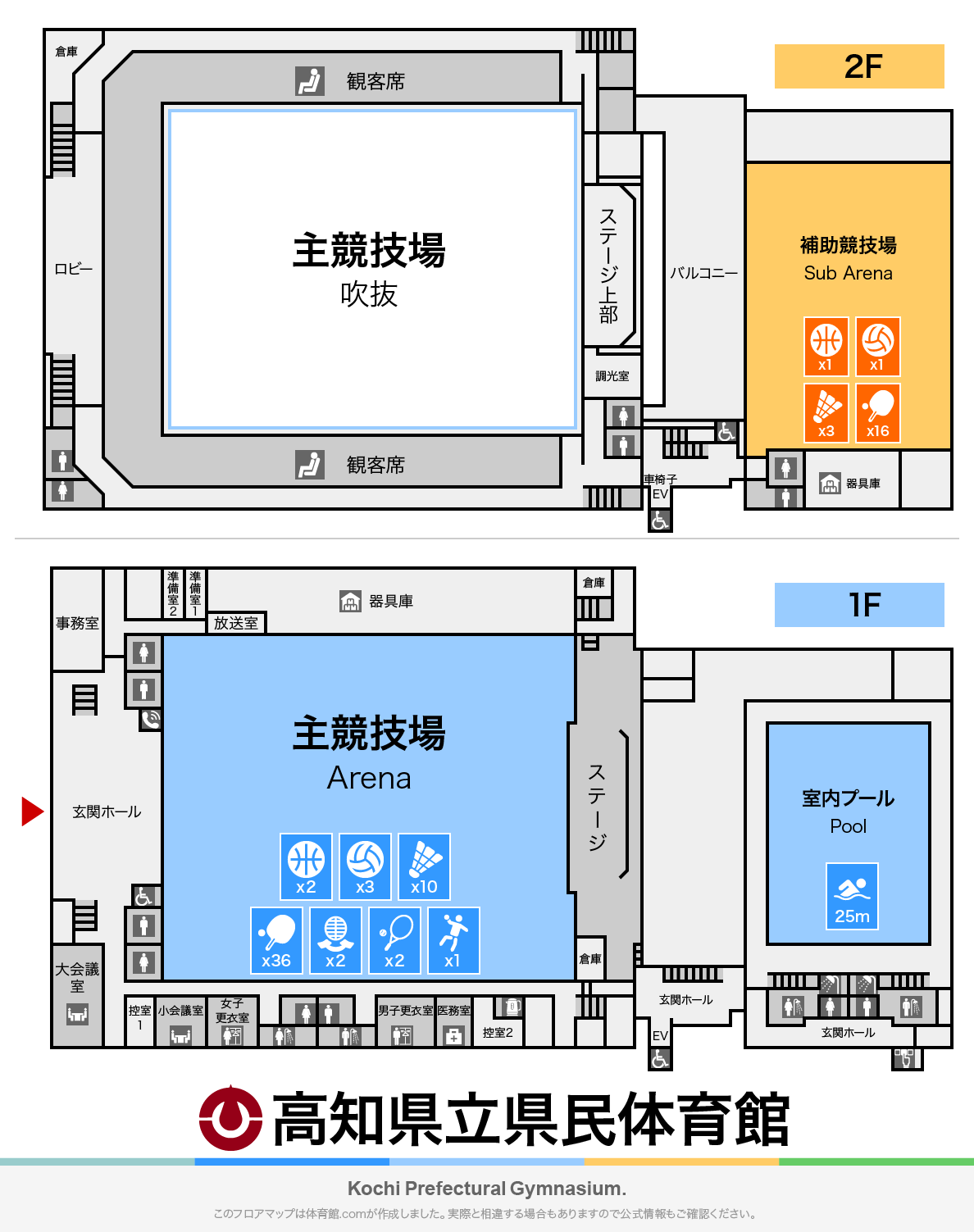 高知県立県民体育館のフロアマップ