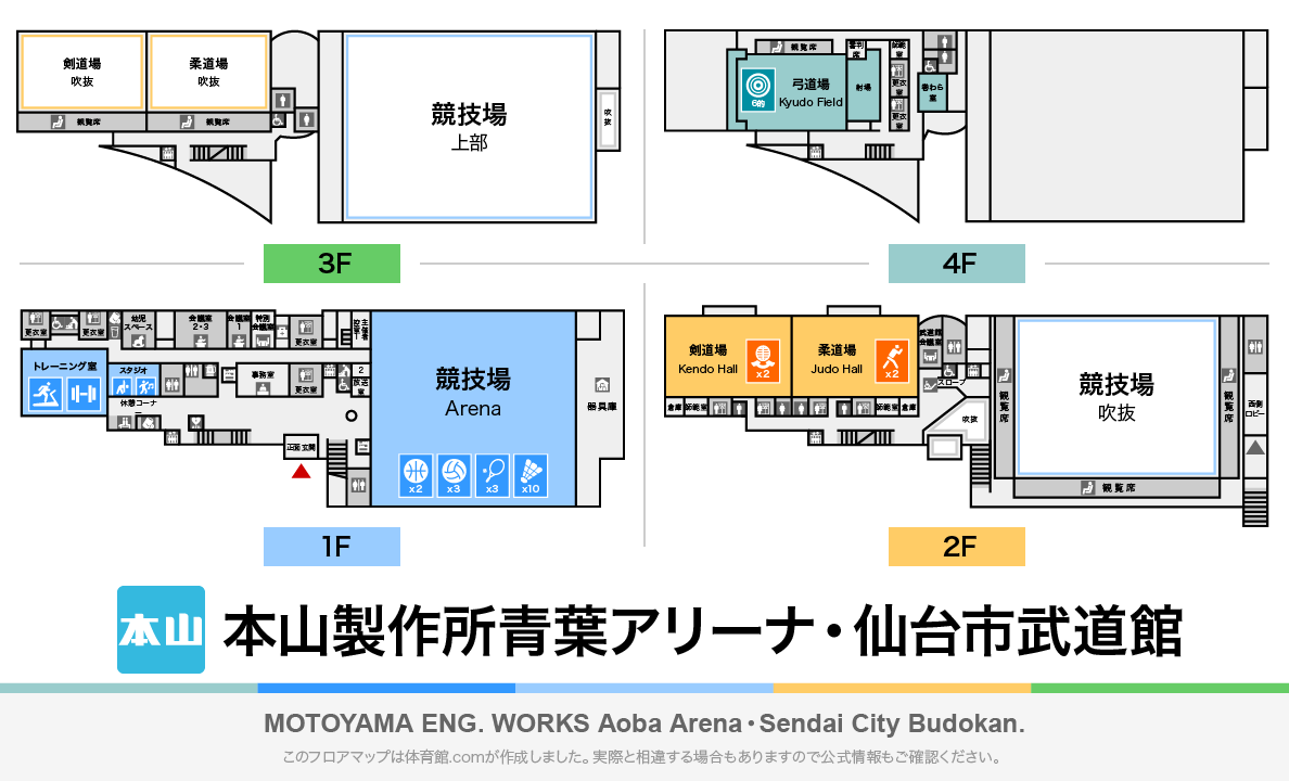 本山製作所青葉アリーナ・仙台市武道館のフロアマップ・体育館