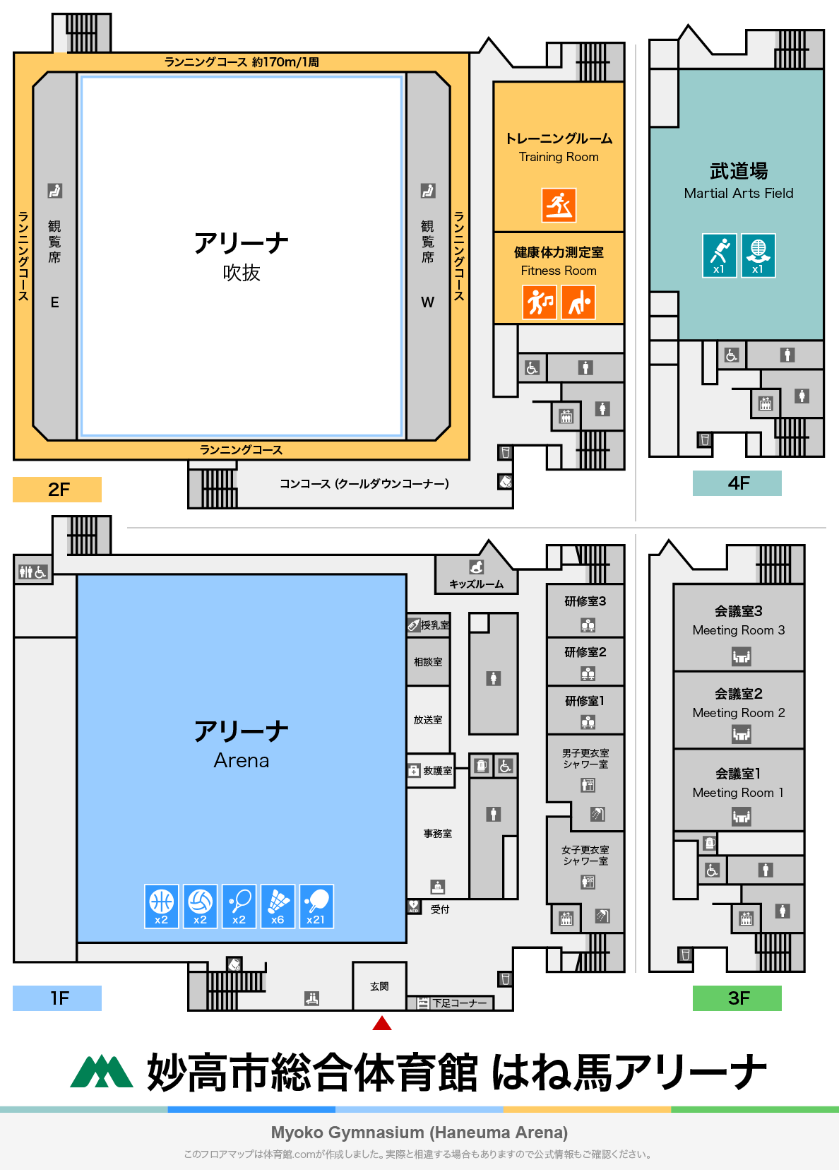 妙高市総合体育館はね馬アリーナのフロアマップ・体育館